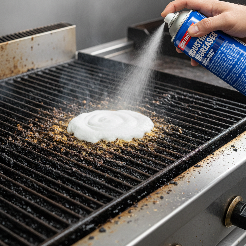 Applying heavy-duty degreaser to grill grates