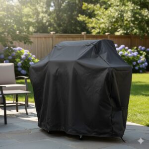 A weather-resistant grill cover protecting a clean BBQ grill in a backyard setting.