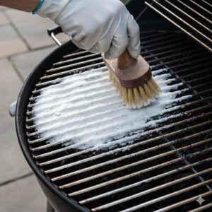 Close-up of a grill grate being scrubbed with baking soda paste and a brush.