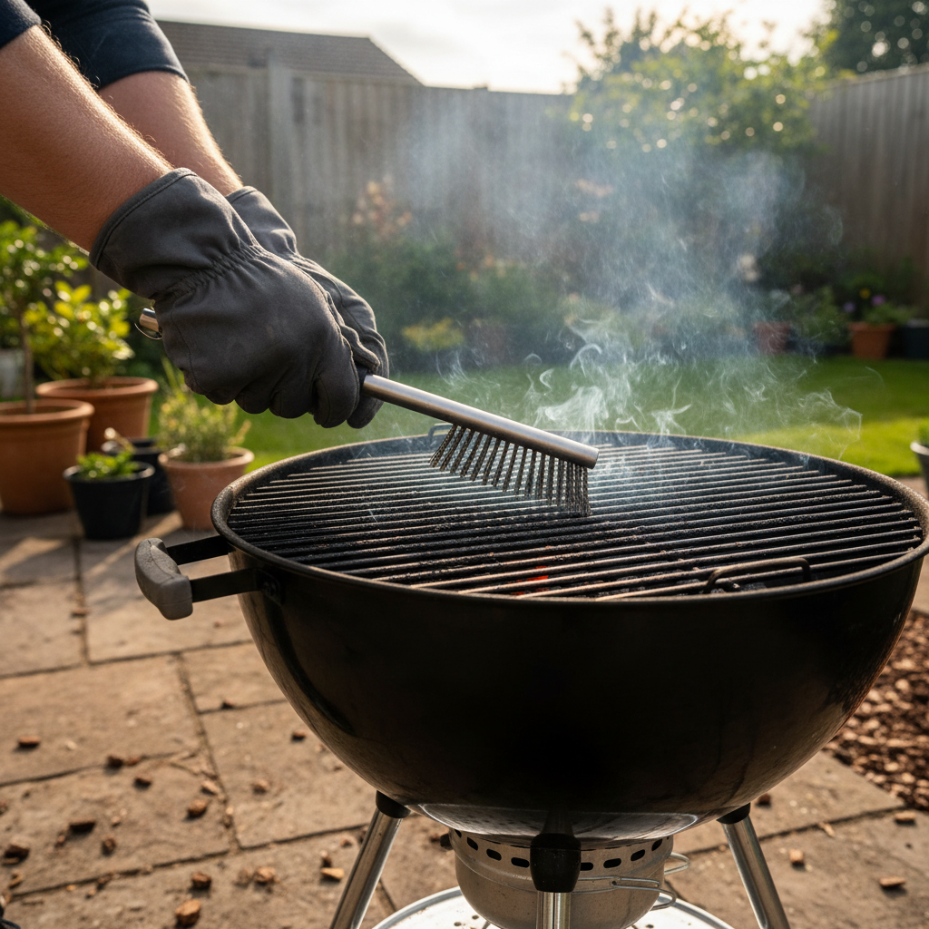 Wider shot of a person cleaning a BBQ grill on a patio, with a grill cover nearby and outdoor furniture.
