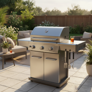 Stainless steel gas grill on patio